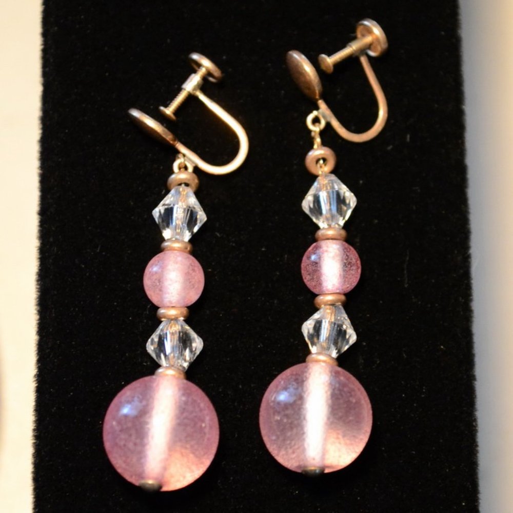 Pink Crystal Dangle Screw-On Earrings